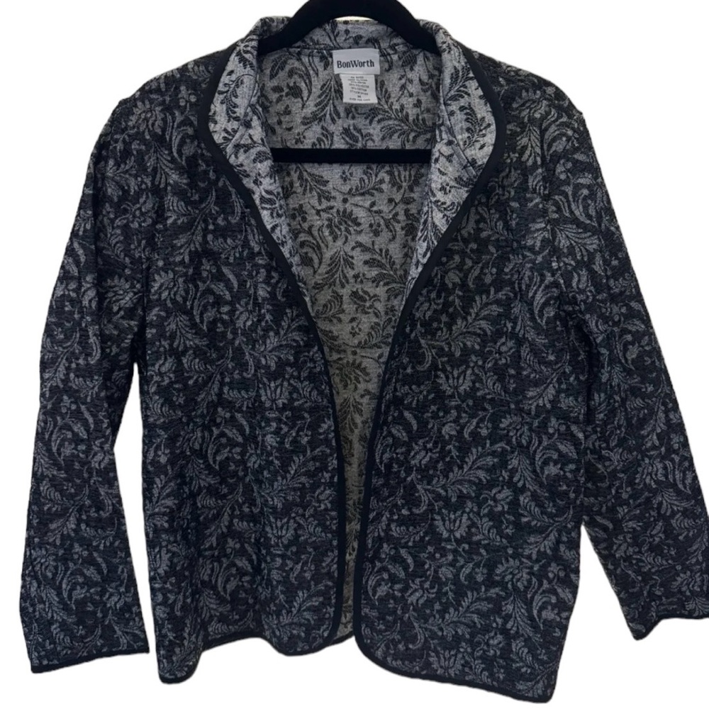 BonWorth‎ Women's Quilted Jacket Floral Black White Size Medium Open Front